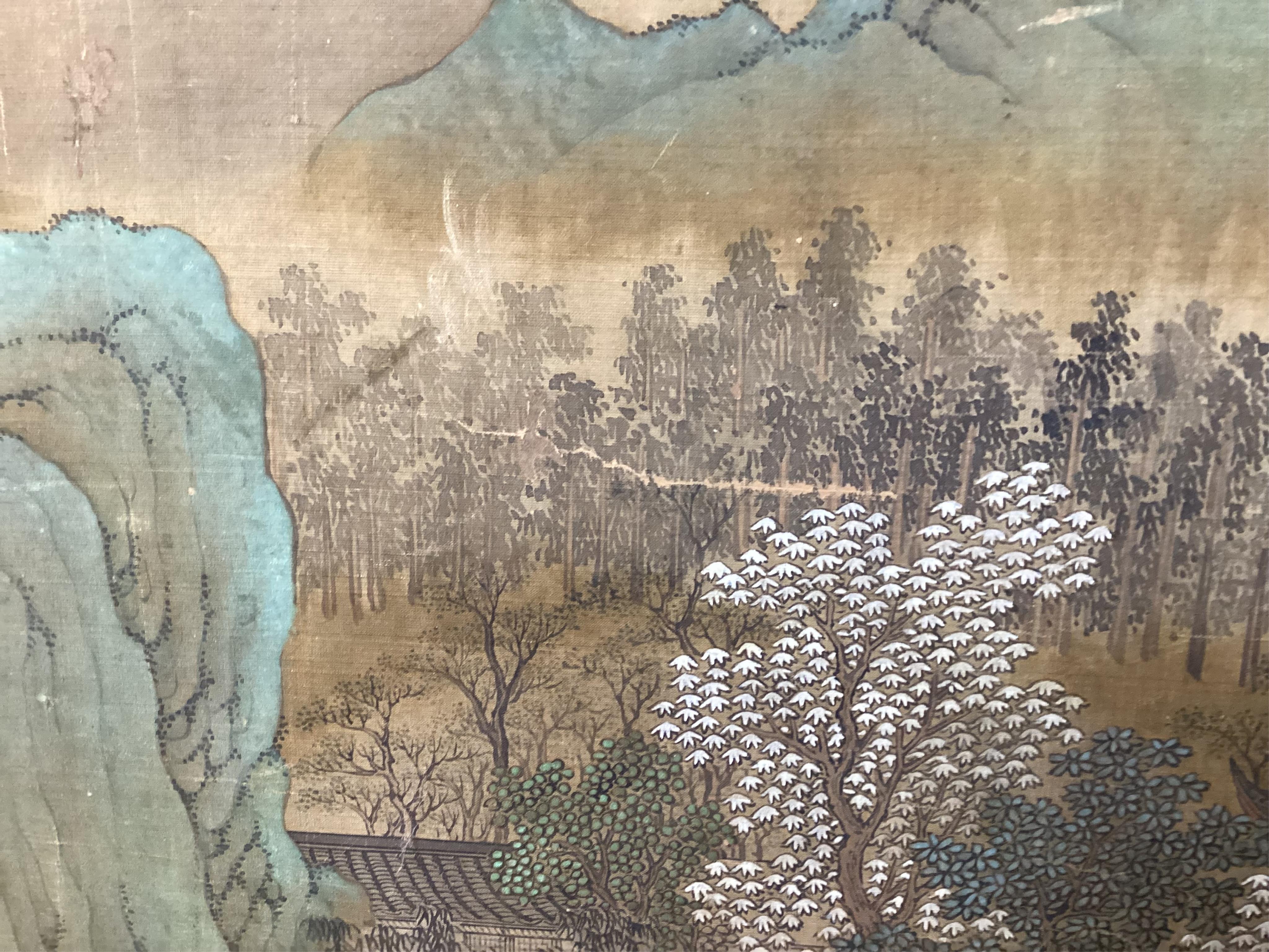 Chinese School , 17th century or earlier, Scholars in a mountainous river landscape scene with pavilions, Ink and colour on silk, incomplete clerical script signature, 54cm x 290cm